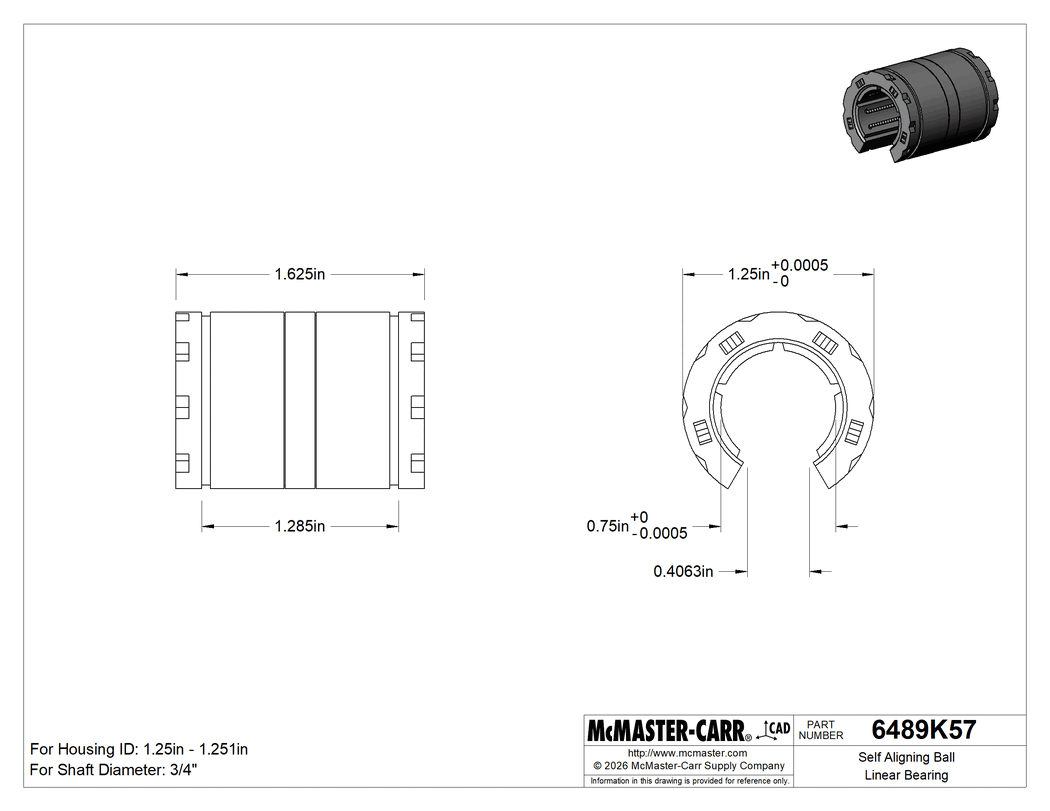 Technical Drawing of Self Aligning Ball Linear Bearing, for Support Rail Shafts with 3/4" Diameter, High-Load, Steel Ball.